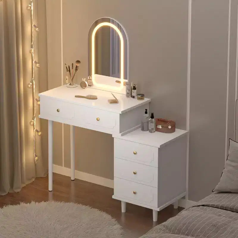 Makeup Vanity Desk with Lights and Mirror, Modern Dressing Table with 2 Drawers & 3-Drawer Cabinet