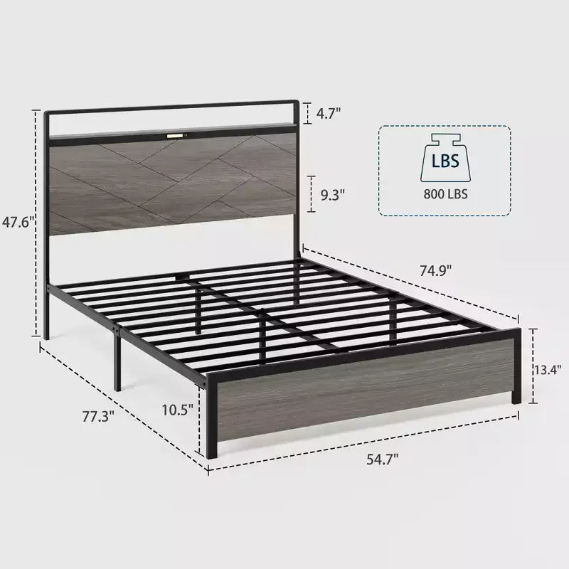 Full/Queen/King Size Platform Bed with LED Storage Headboard, Wooden Platform Bed Frame with 2 USB, Large Underbed Storage, Antique Grey