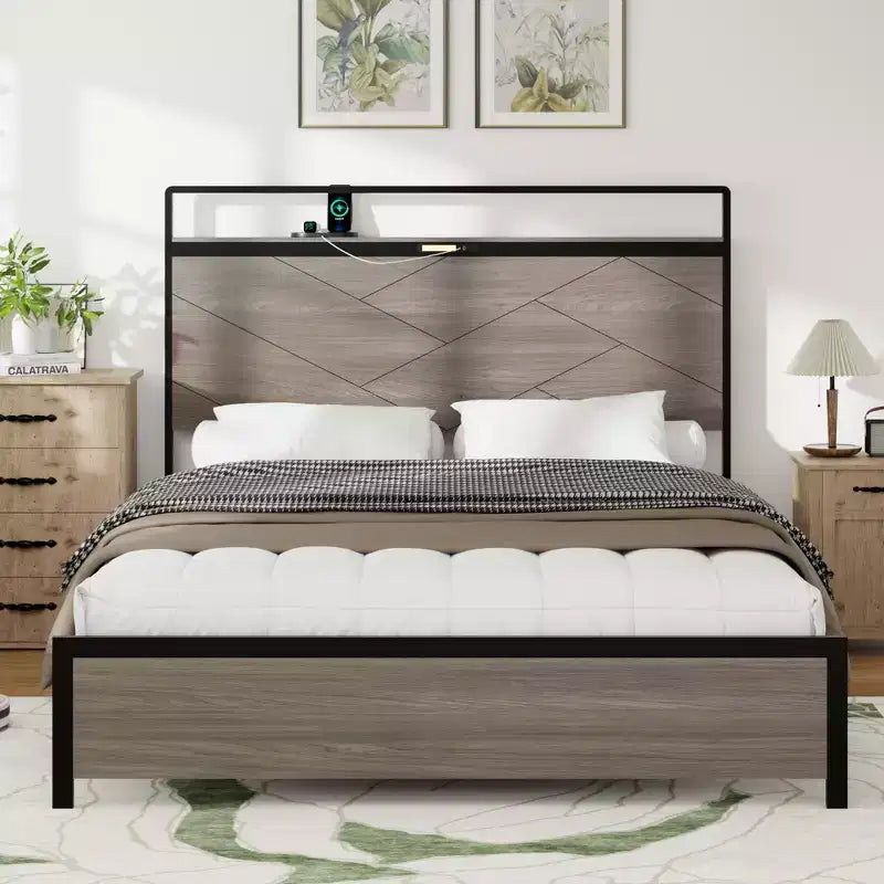 Full/Queen/King Size Platform Bed with LED Storage Headboard, Wooden Platform Bed Frame with 2 USB, Large Underbed Storage, Antique Grey