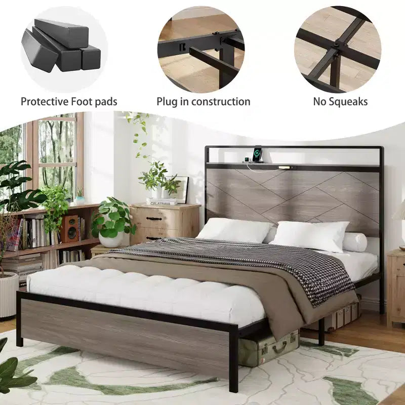 Full/Queen/King Size Platform Bed with LED Storage Headboard, Wooden Platform Bed Frame with 2 USB, Large Underbed Storage, Antique Grey