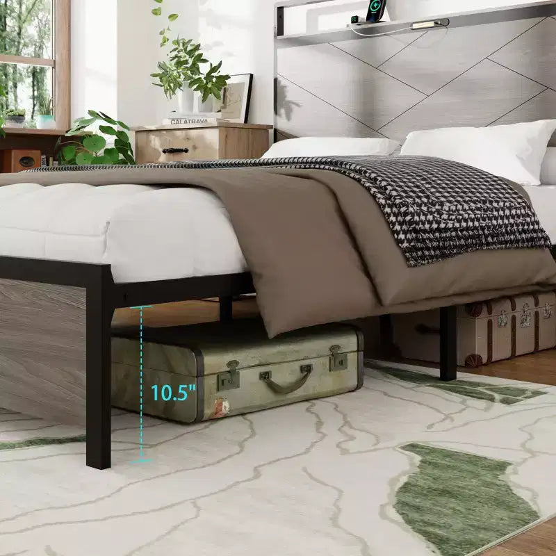 Full/Queen/King Size Platform Bed with LED Storage Headboard, Wooden Platform Bed Frame with 2 USB, Large Underbed Storage, Antique Grey