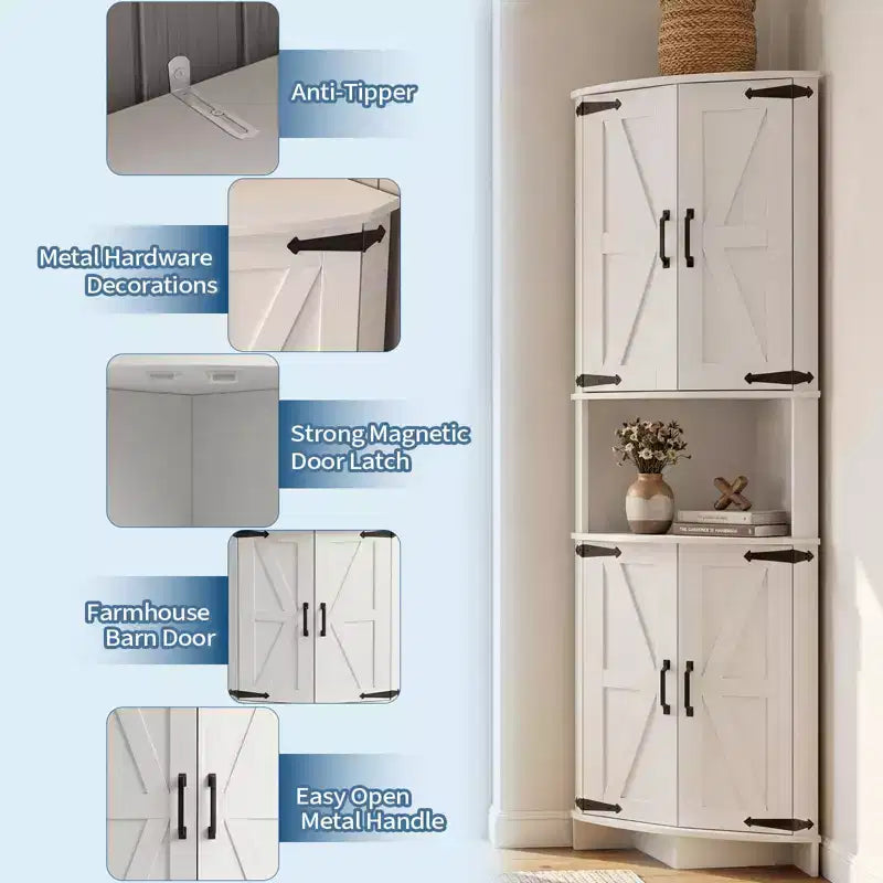 64.8 Tall Farmhouse Corner Cabinet with Doors, Pantry Storage Cupboard with Adjustable Shelves for Kitchen, Living Room & Bathroom