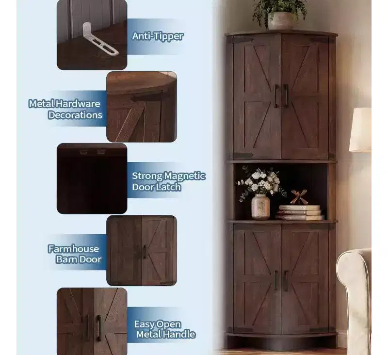 64.8 Tall Farmhouse Corner Cabinet with Doors, Pantry Storage Cupboard with Adjustable Shelves for Kitchen, Living Room & Bathroom