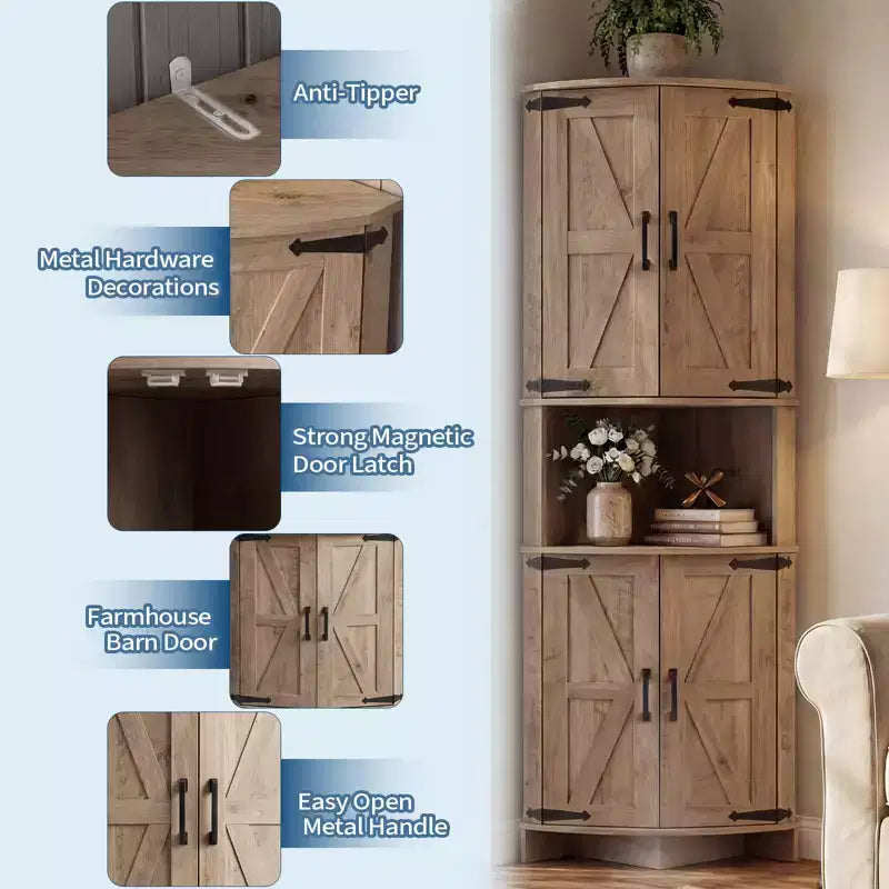 64.8 Tall Farmhouse Corner Cabinet with Doors, Pantry Storage Cupboard with Adjustable Shelves for Kitchen, Living Room & Bathroom