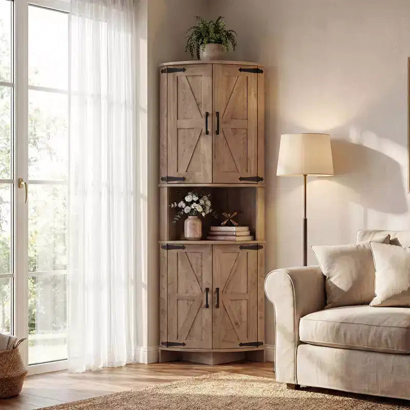 64.8 Tall Farmhouse Corner Cabinet with Doors, Pantry Storage Cupboard with Adjustable Shelves for Kitchen, Living Room & Bathroom