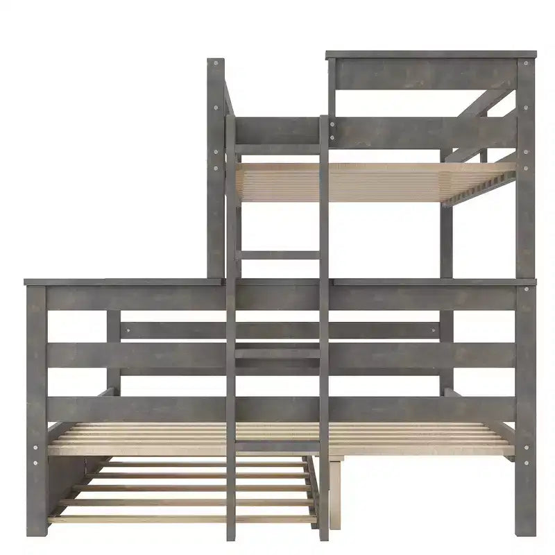 Whisen Wood Twin XL over Queen Bunk Bed Frame with Ladder, Solid Wood Slats