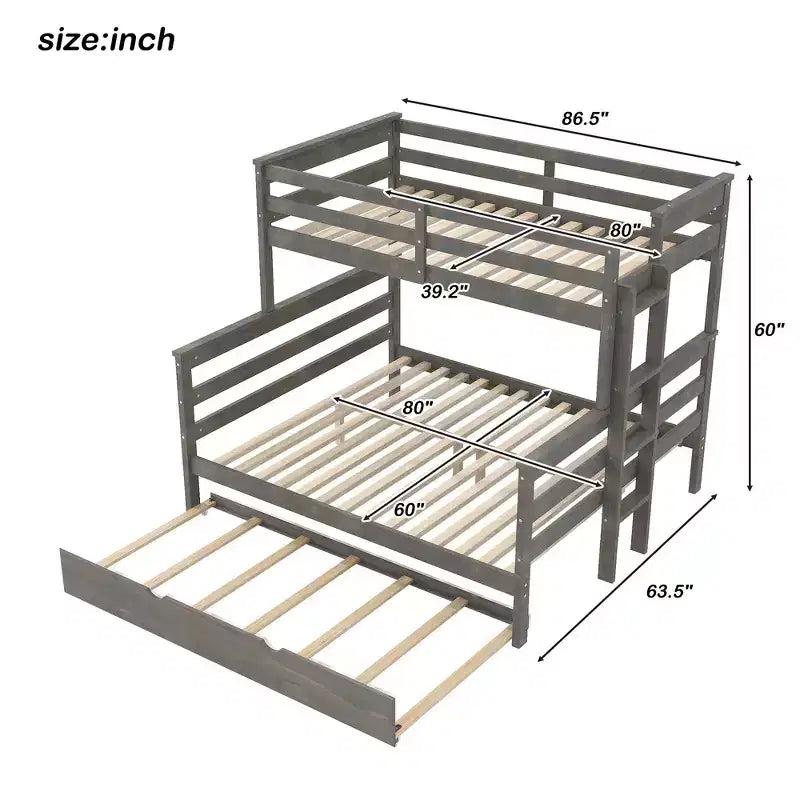 Whisen Wood Twin XL over Queen Bunk Bed Frame with Ladder, Solid Wood Slats