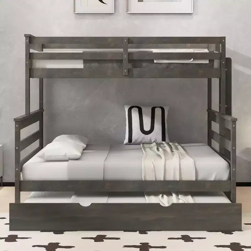 Whisen Wood Twin XL over Queen Bunk Bed Frame with Ladder, Solid Wood Slats