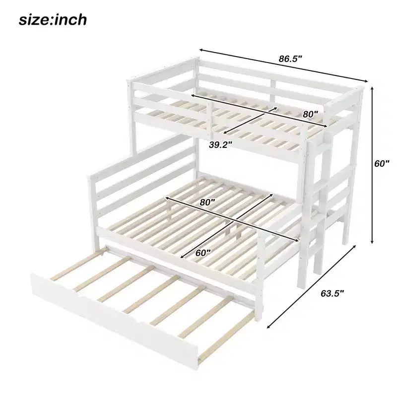 Whisen Wood Twin XL over Queen Bunk Bed Frame with Ladder, Solid Wood Slats
