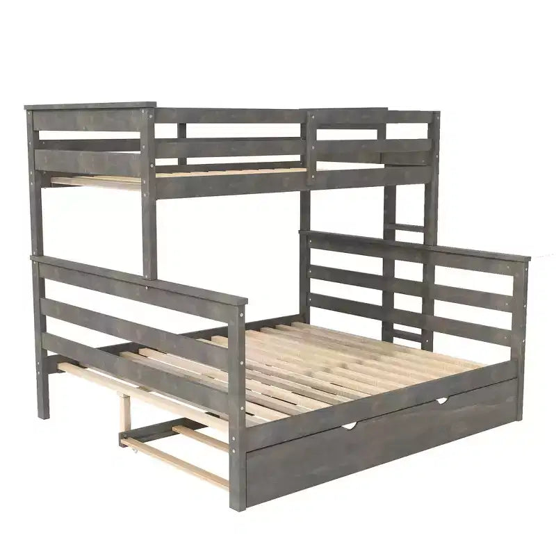 Whisen Wood Twin XL over Queen Bunk Bed Frame with Ladder, Solid Wood Slats