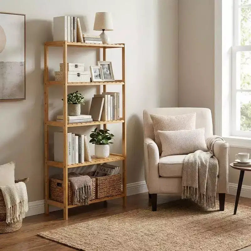 5-Tier Bamboo Shelf  Wide Narrow Plant Stand with Slatted Shelves, Natural Wood Storage Rack for Bathroom, Living Room, Kitchen, Bedroom