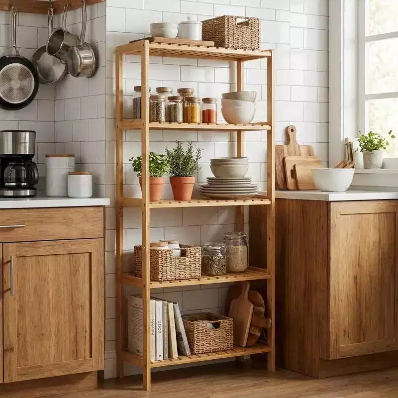 5-Tier Bamboo Shelf  Wide Narrow Plant Stand with Slatted Shelves, Natural Wood Storage Rack for Bathroom, Living Room, Kitchen, Bedroom