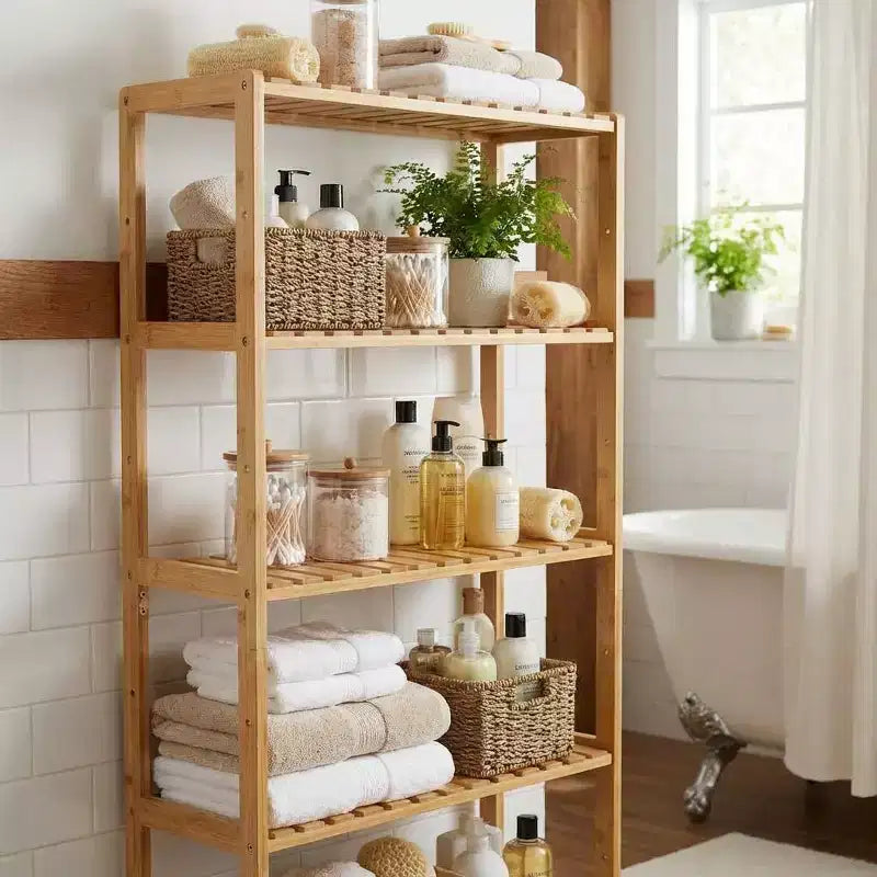 5-Tier Bamboo Shelf  Wide Narrow Plant Stand with Slatted Shelves, Natural Wood Storage Rack for Bathroom, Living Room, Kitchen, Bedroom