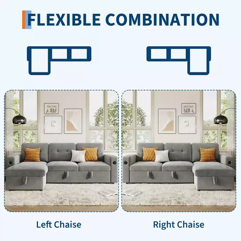 84 Velvet L-Shaped Sleeper Sofa Bed - Convertible Pull Out Sectional Couch with Storage, Charging Station & LED Lights for Living Room