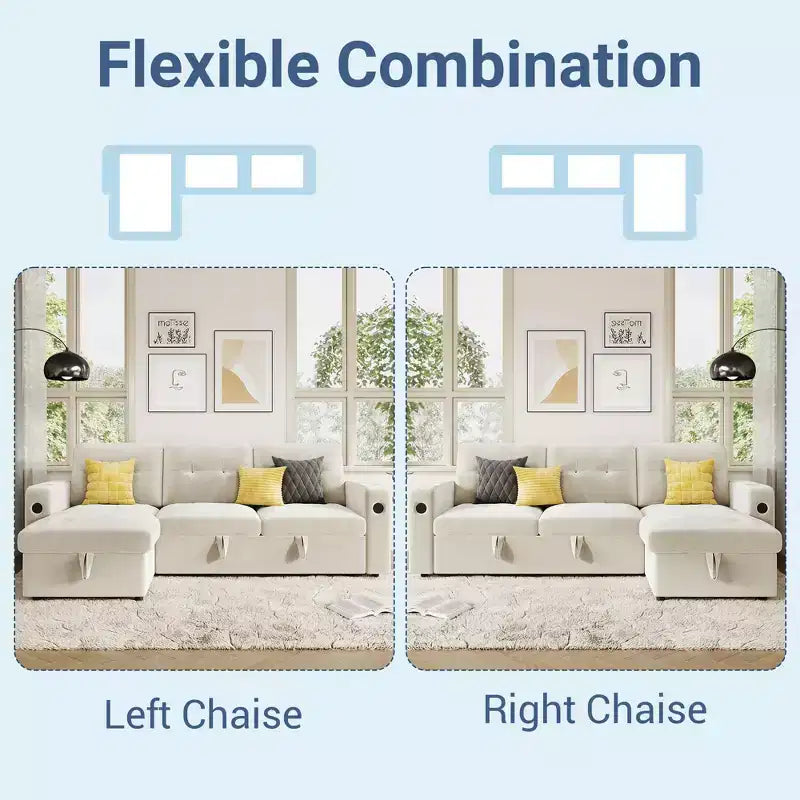 84 Velvet L-Shaped Sleeper Sofa Bed - Convertible Pull Out Sectional Couch with Storage, Charging Station & LED Lights for Living Room