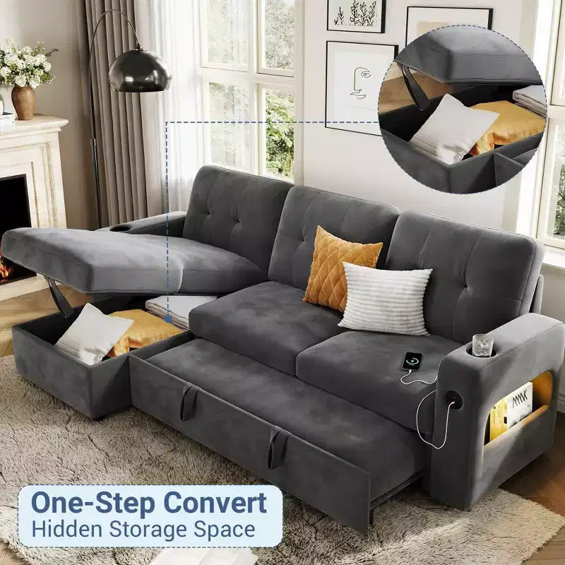 84 Velvet L-Shaped Sleeper Sofa Bed - Convertible Pull Out Sectional Couch with Storage, Charging Station & LED Lights for Living Room