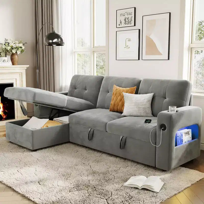 84 Velvet L-Shaped Sleeper Sofa Bed - Convertible Pull Out Sectional Couch with Storage, Charging Station & LED Lights for Living Room