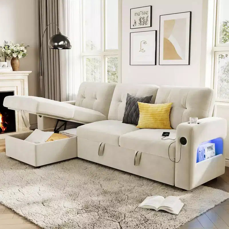 84 Velvet L-Shaped Sleeper Sofa Bed - Convertible Pull Out Sectional Couch with Storage, Charging Station & LED Lights for Living Room
