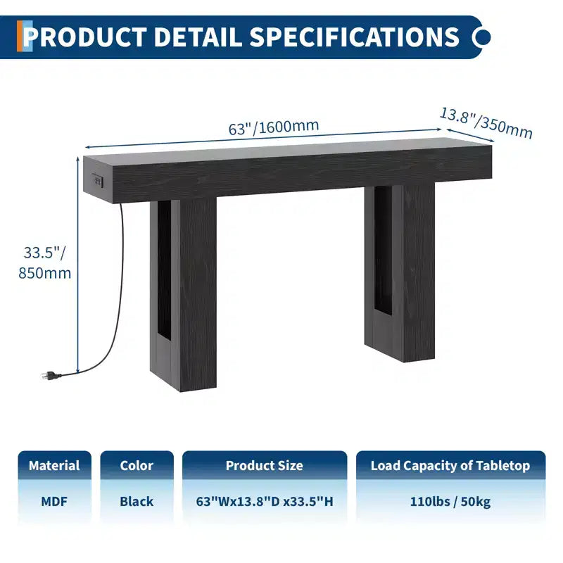 63 Inch Extra Long Sofa Console Table with Power Outlet, USB & Type-C Ports, Slim Narrow Entryway Table for Hallway, Behind Couch or Living Room