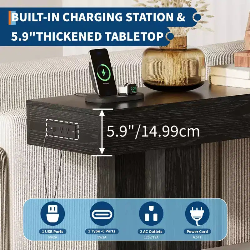 63 Inch Extra Long Sofa Console Table with Power Outlet, USB & Type-C Ports, Slim Narrow Entryway Table for Hallway, Behind Couch or Living Room