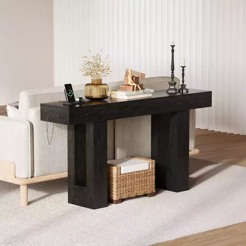 63 Inch Extra Long Sofa Console Table with Power Outlet, USB & Type-C Ports, Slim Narrow Entryway Table for Hallway, Behind Couch or Living Room