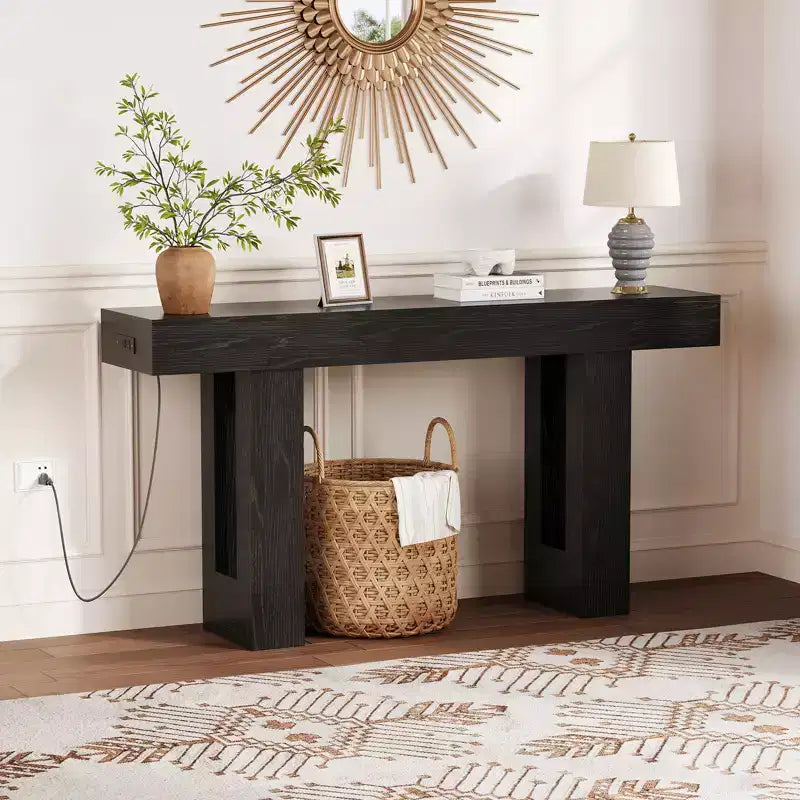 63 Inch Extra Long Sofa Console Table with Power Outlet, USB & Type-C Ports, Slim Narrow Entryway Table for Hallway, Behind Couch or Living Room