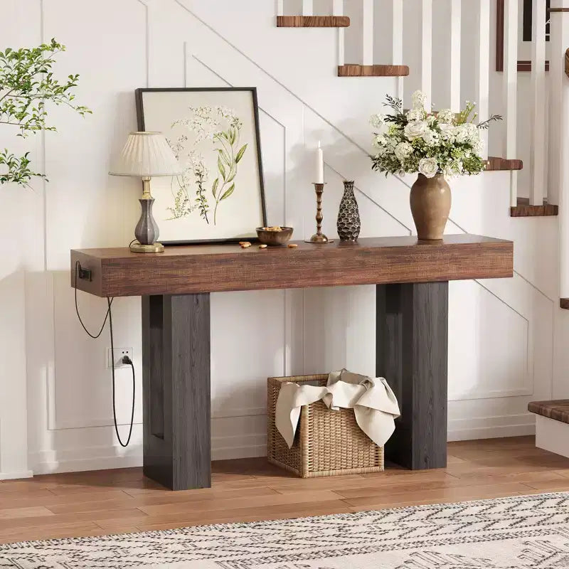 63 Inch Extra Long Sofa Console Table with Power Outlet, USB & Type-C Ports, Slim Narrow Entryway Table for Hallway, Behind Couch or Living Room