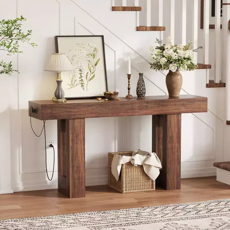 63 Inch Extra Long Sofa Console Table with Power Outlet, USB & Type-C Ports, Slim Narrow Entryway Table for Hallway, Behind Couch or Living Room