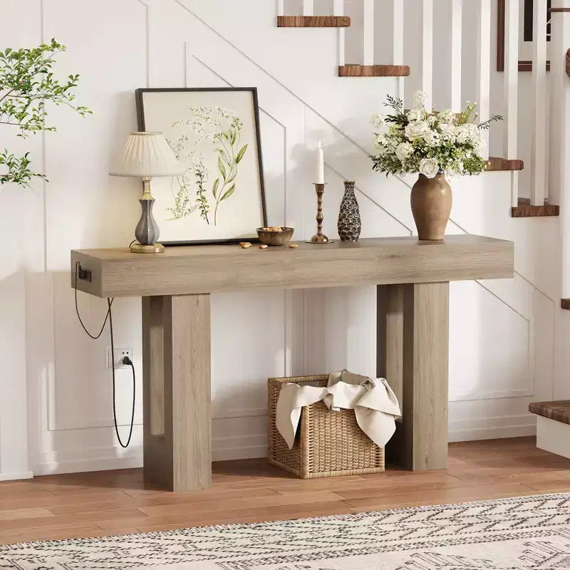 63 Inch Extra Long Sofa Console Table with Power Outlet, USB & Type-C Ports, Slim Narrow Entryway Table for Hallway, Behind Couch or Living Room