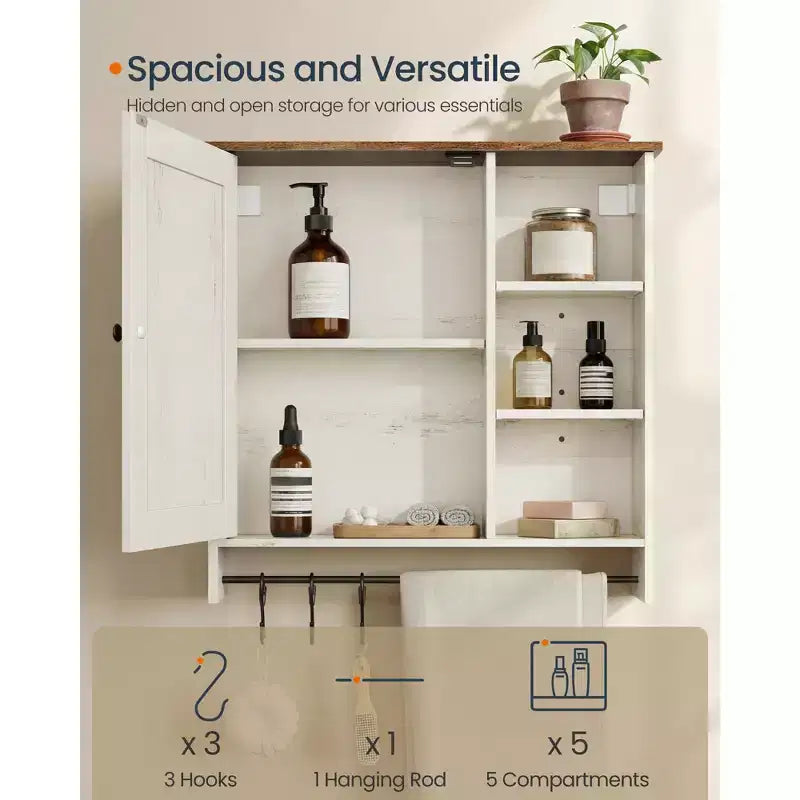 SONGMICS Armoire Murale, Assemblage Sans Outil Ultra Rapide, Meuble de Rangement Style Ferme avec Étagères Réglables et Porte, Blanc Rustique et Brun Miel