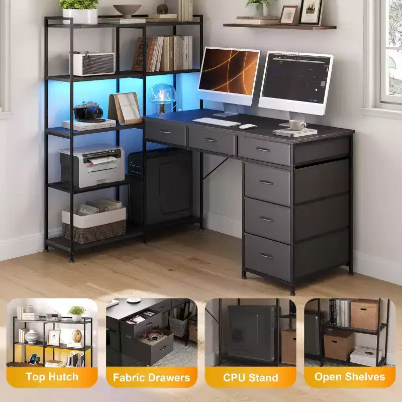 L Shaped Office Desk with Power Outlets and Type-C Port, Large Computer Gaming Desk with 6 Fabric Drawers, Corner Study Work Writing Desk
