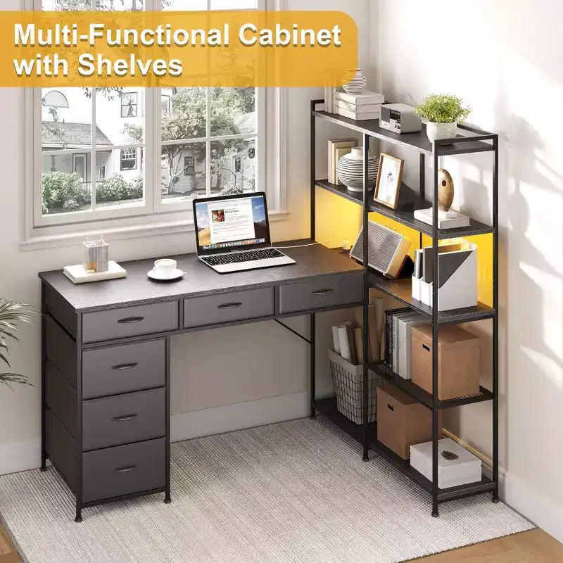 L Shaped Office Desk with Power Outlets and Type-C Port, Large Computer Gaming Desk with 6 Fabric Drawers, Corner Study Work Writing Desk