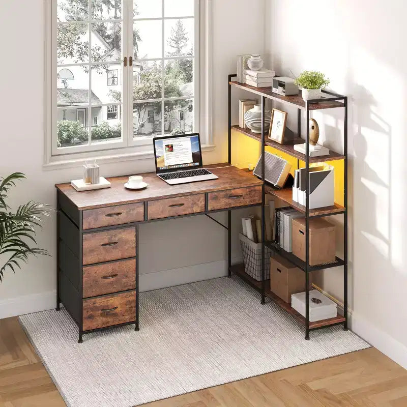 L Shaped Office Desk with Power Outlets and Type-C Port, Large Computer Gaming Desk with 6 Fabric Drawers, Corner Study Work Writing Desk