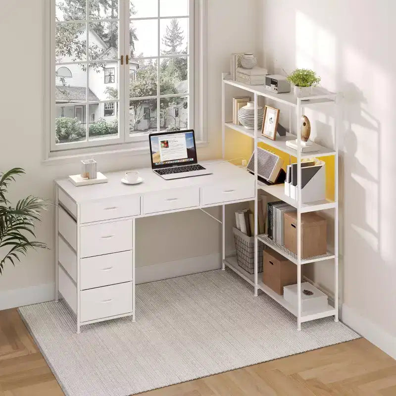L Shaped Office Desk with Power Outlets and Type-C Port, Large Computer Gaming Desk with 6 Fabric Drawers, Corner Study Work Writing Desk