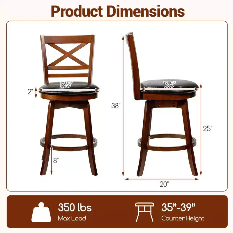 Costway 25 Swivel Counter Barstools Set of 2/4 with Backrest & Faux Leather Upholstered Seat