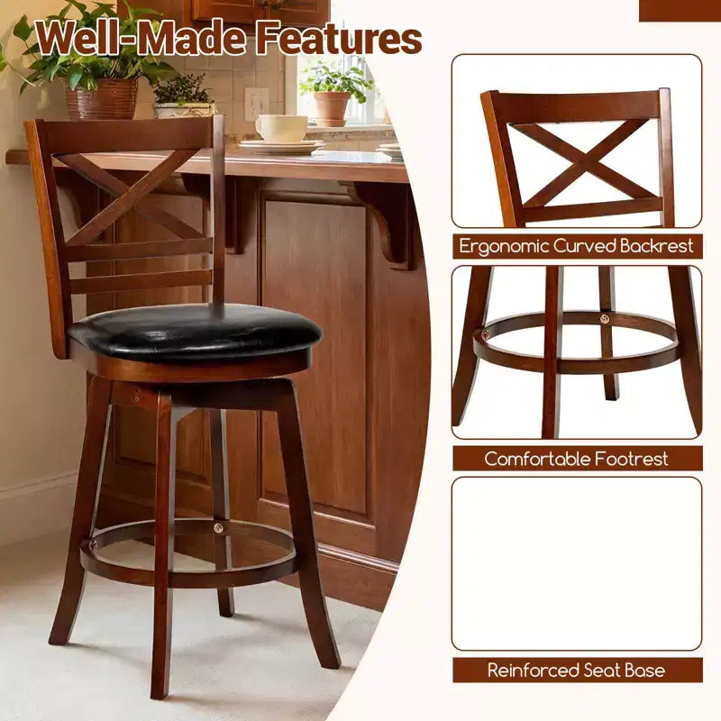 Costway 25 Swivel Counter Barstools Set of 2/4 with Backrest & Faux Leather Upholstered Seat