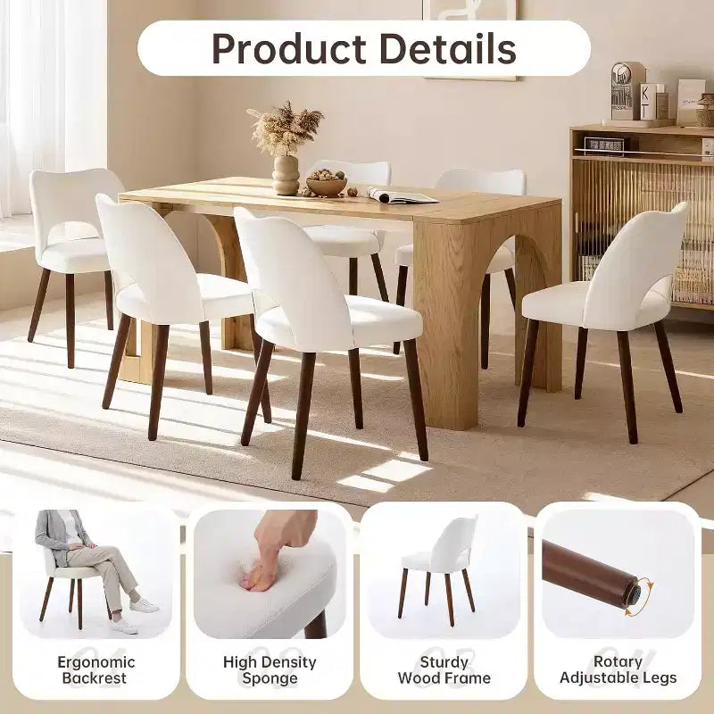 Wooden Dining Chairs 6pcs, Fabric Upholstered Dining Room Chair Hollow Back Kitchen Chairs with Adjustable Foot Pads, for Kitchen Dining Room, White