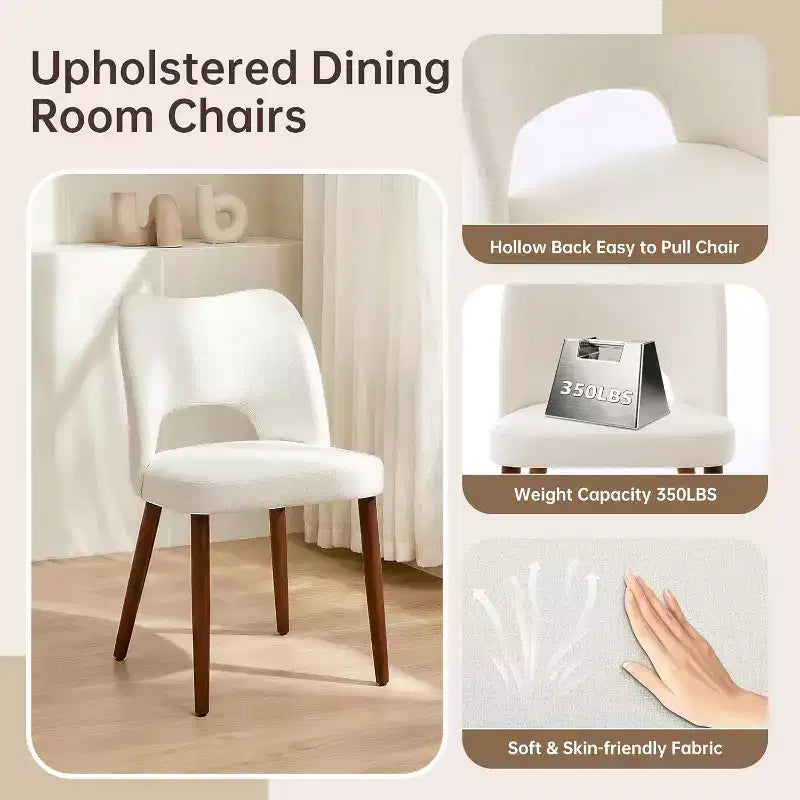 Wooden Dining Chairs 6pcs, Fabric Upholstered Dining Room Chair Hollow Back Kitchen Chairs with Adjustable Foot Pads, for Kitchen Dining Room, White