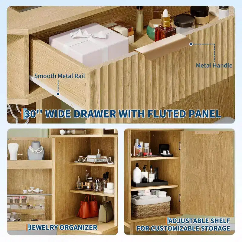 Acekool Corner Fluted Makeup Vanity Desk with Glass Top, Mirror & Stool for Bedroom