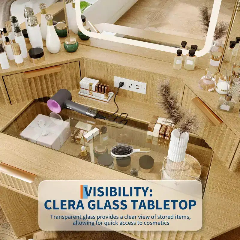 Acekool Corner Fluted Makeup Vanity Desk with Glass Top, Mirror & Stool for Bedroom