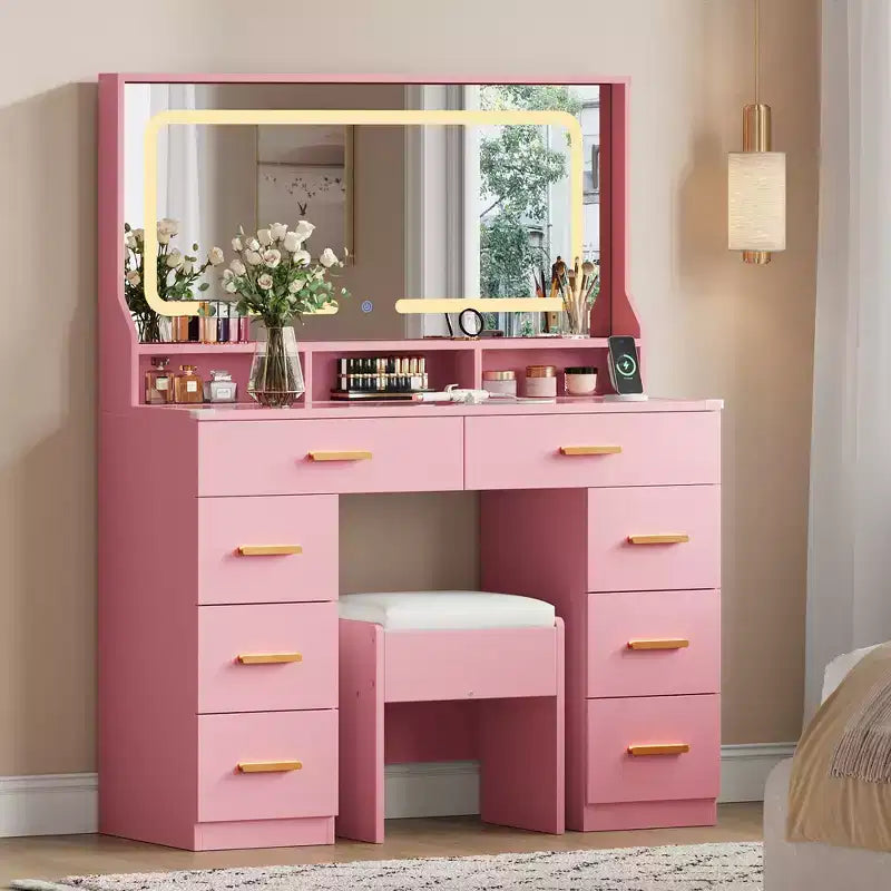 Acekool 42 Glass Top Makeup Vanity Desk with Mirror, 8 Drawers & Stool for Bedroom
