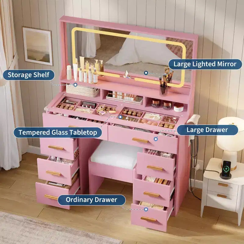 Acekool 42 Glass Top Makeup Vanity Desk with Mirror, 8 Drawers & Stool for Bedroom