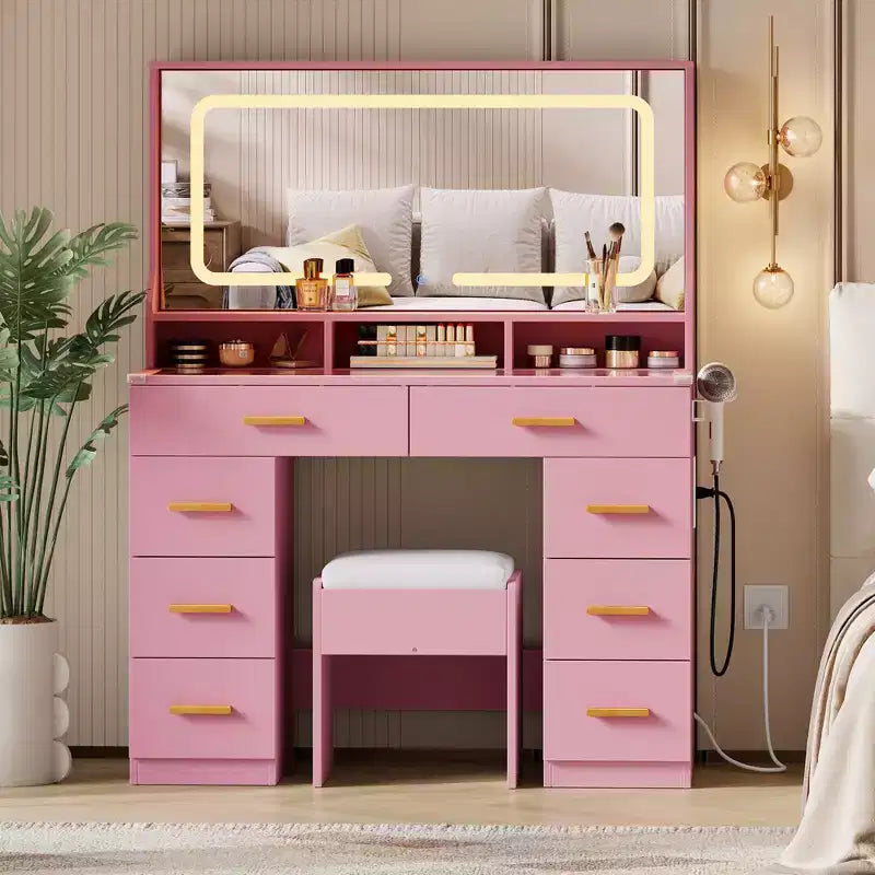 Acekool 42 Glass Top Makeup Vanity Desk with Mirror, 8 Drawers & Stool for Bedroom