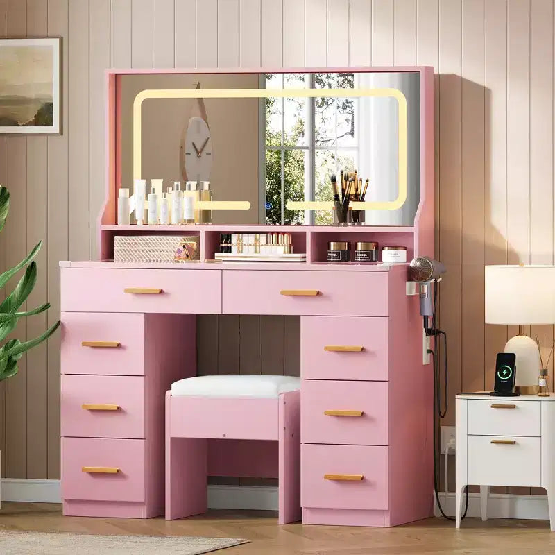 Acekool 42 Glass Top Makeup Vanity Desk with Mirror, 8 Drawers & Stool for Bedroom