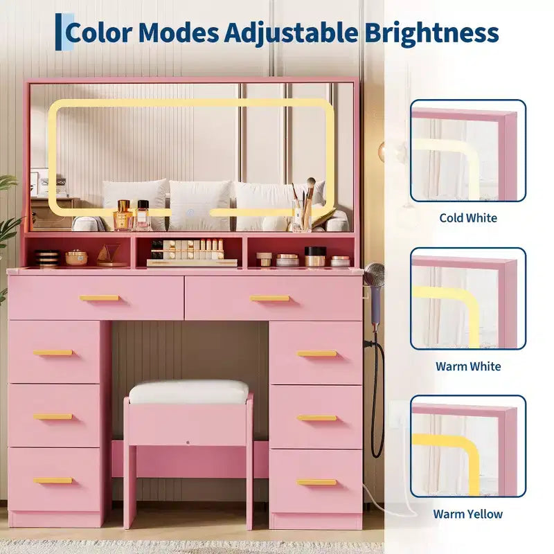 Acekool 42 Glass Top Makeup Vanity Desk with Mirror, 8 Drawers & Stool for Bedroom