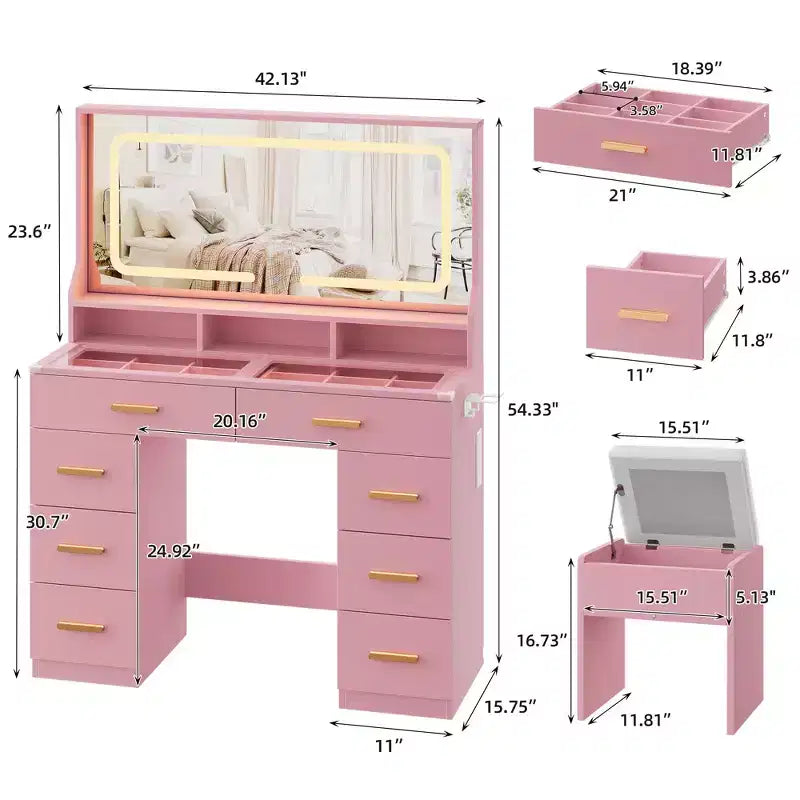 Acekool 42 Glass Top Makeup Vanity Desk with Mirror, 8 Drawers & Stool for Bedroom