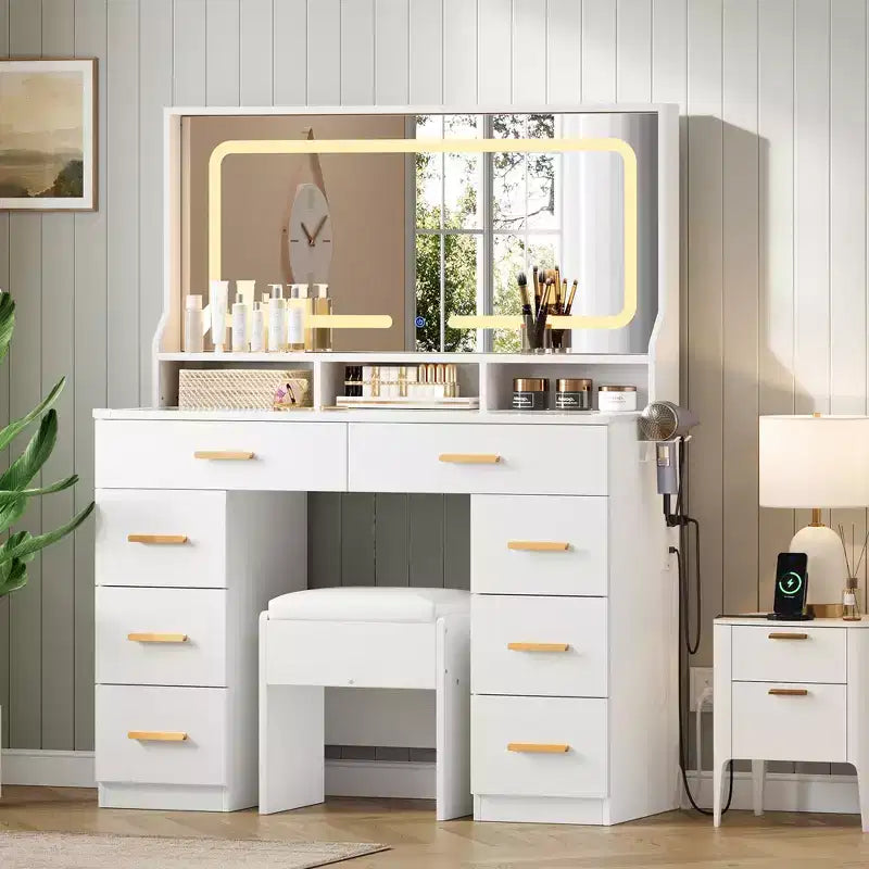 Acekool 42 Glass Top Makeup Vanity Desk with Mirror, 8 Drawers & Stool for Bedroom