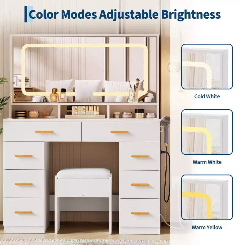 Acekool 42 Glass Top Makeup Vanity Desk with Mirror, 8 Drawers & Stool for Bedroom