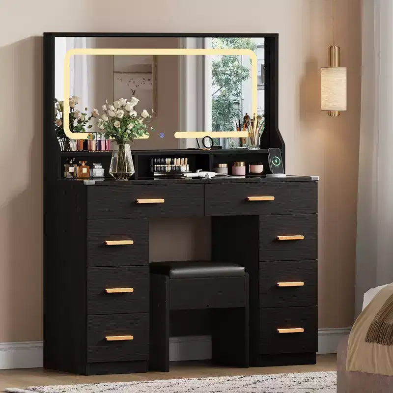 Acekool 42 Glass Top Makeup Vanity Desk with Mirror, 8 Drawers & Stool for Bedroom