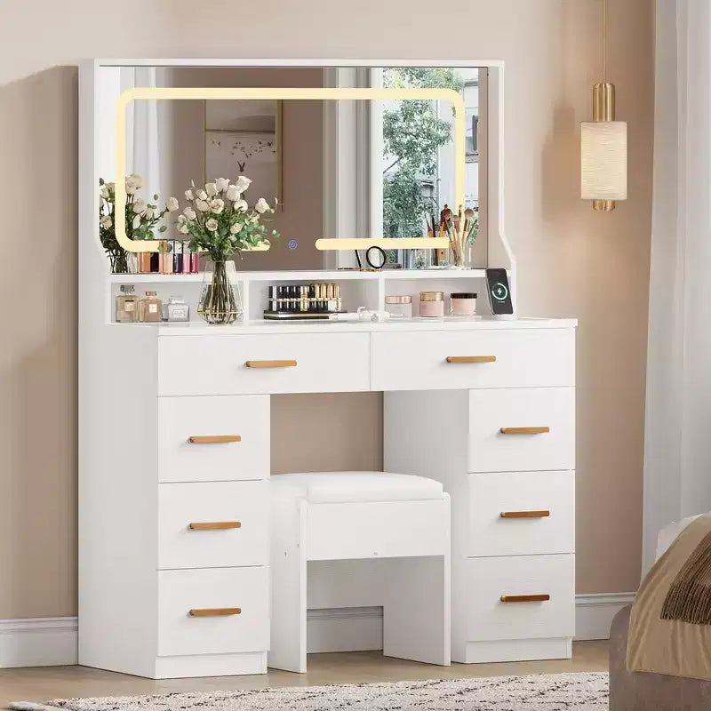 Acekool 42 Glass Top Makeup Vanity Desk with Mirror, 8 Drawers & Stool for Bedroom